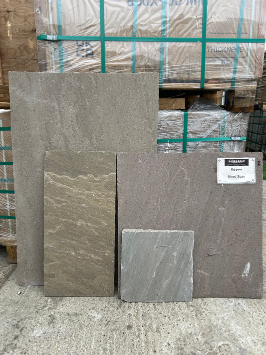 Raj Green riven Indian Sandstone - Mixed Sizes - 18mm