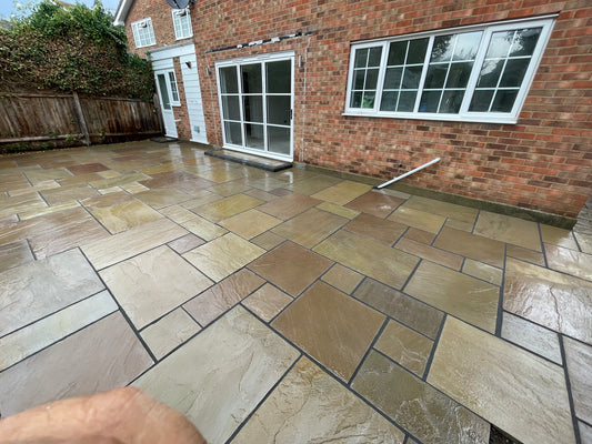 Natural Indian sandstone patio design with Raj Green paving slabs