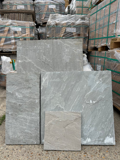 Kandla Grey Indian sandstone paving slabs mixed size patio pack