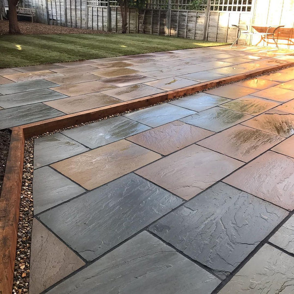 Raj Blend Indian Sandstone Paving Slab close-up showing natural riven texture and multi-tone blend of green, grey and buff colours