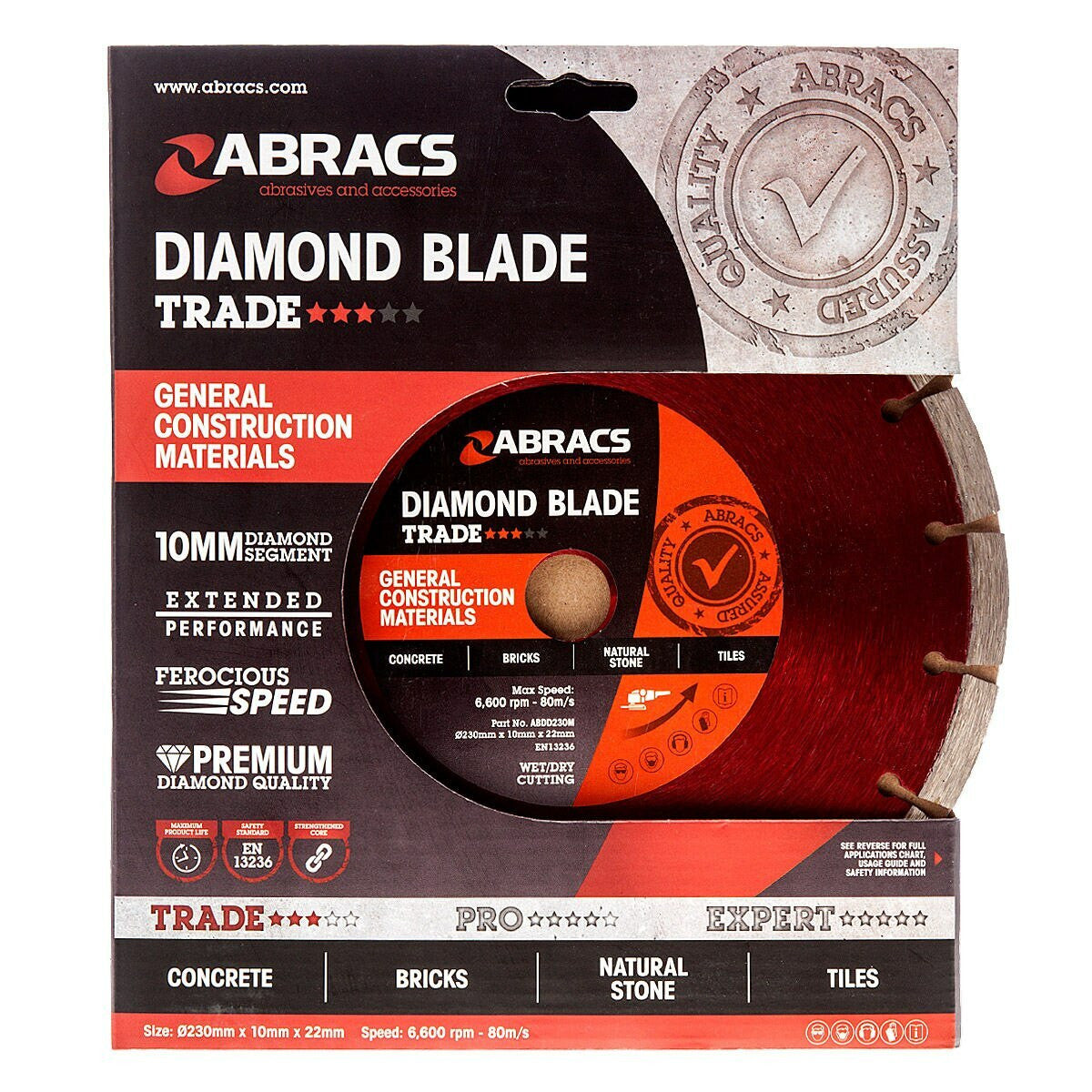 ABRACS 230mm diamond blade packaging showing suitability for concrete, brick, stone and tiles