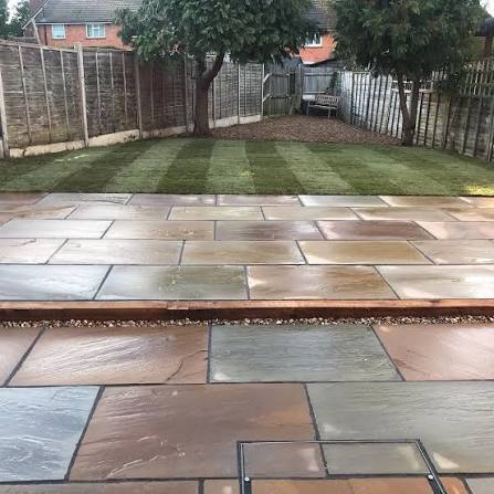 Raj Blend Indian Sandstone Paving Slab close-up showing natural riven texture and multi-tone blend of green, grey and buff colours