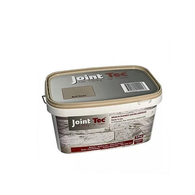 Joint Tec Buff Sand 15kg paving jointing compound in bucket, ready-to-use brush-in grout for sandstone and light-coloured paving