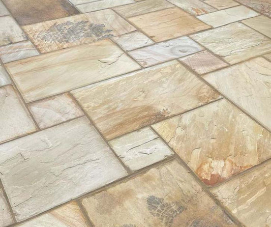 Mint Fossil Sandstone Paving Slabs Mixed Sizes 22mm UK | Save & Pave - Save & Pave
