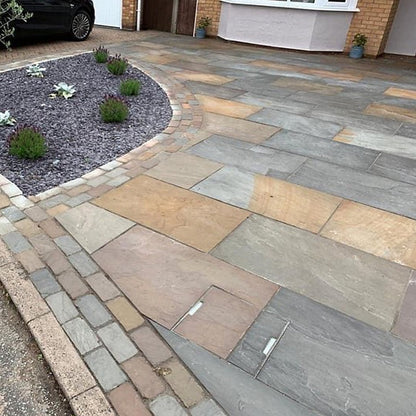 Raj Blend Indian Sandstone Paving Slab close-up showing natural riven texture and multi-tone blend of green, grey and buff colours