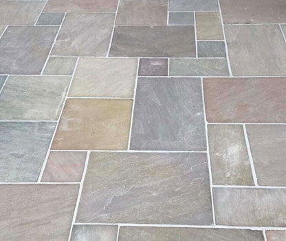 Raj Green Indian Sandstone Paving Slabs Mixed Sizes 18mm - Save & Pave