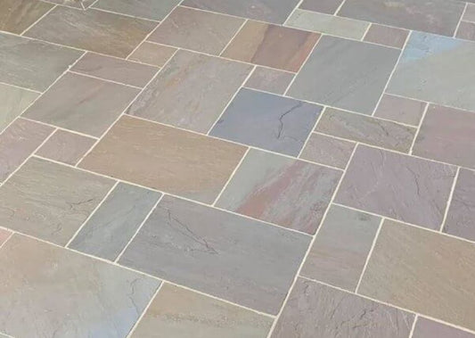 Raj Green Indian Sandstone Paving Slabs Mixed Sizes 18mm - Save & Pave