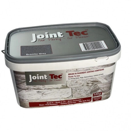 Joint Tec Granite Grey 15kg paving jointing compound in bucket, ready-to-use brush-in grout for granite and grey paving