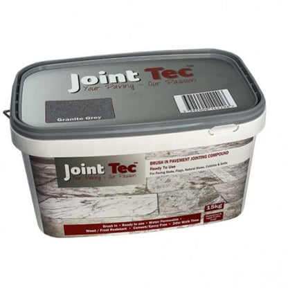 Joint Tec Granite Grey 15kg paving jointing compound in bucket, ready-to-use brush-in grout for granite and grey paving